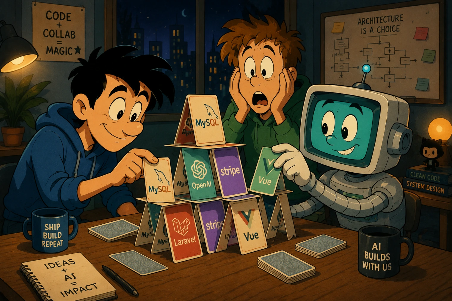 Two developers and a friendly robot stacking a precarious house of cards labeled with stack logos — MySQL, OpenAI, Stripe, Vue, Laravel — under signs reading "CODE + COLLAB MAGIC" and "ARCHITECTURE IS A CHOICE"