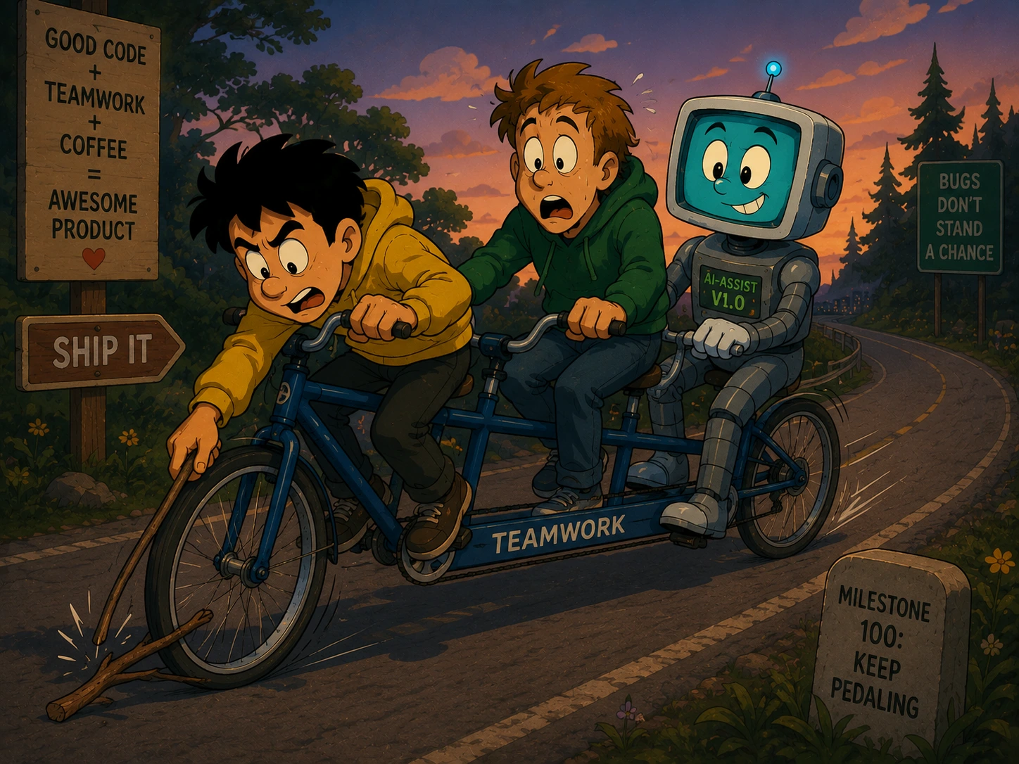 Two developers and an AI-Assist robot riding a tandem bicycle labeled "TEAMWORK" with a snapping front wheel, passing roadside signs that read "SHIP IT", "BUGS DON'T STAND A CHANCE", and "MILESTONE 100 — KEEP PEDALING"