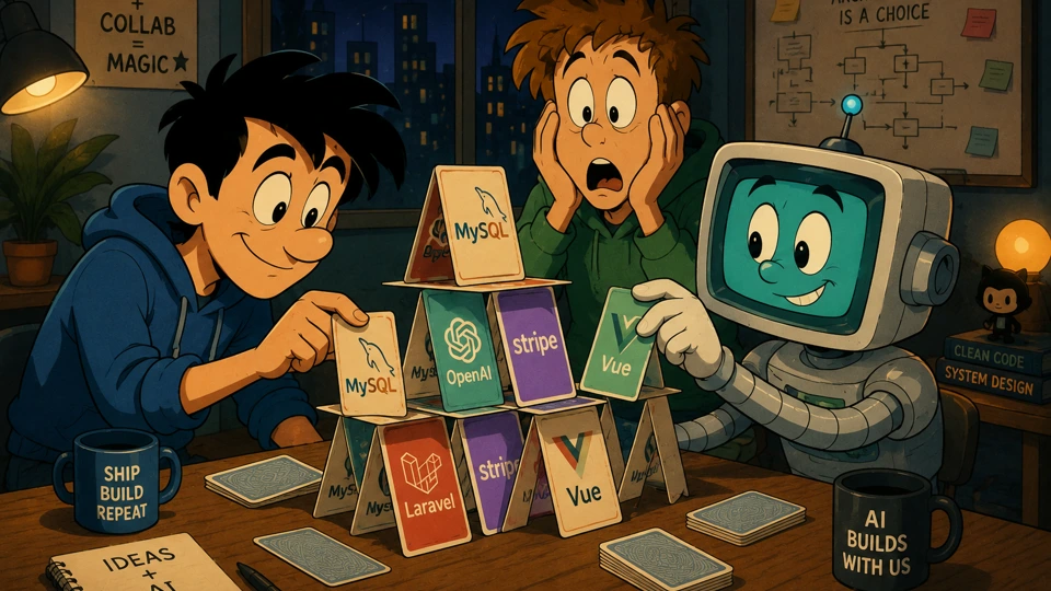 Two developers and a friendly robot stacking a precarious house of cards labeled with stack logos — MySQL, OpenAI, Stripe, Vue, Laravel — under signs reading "CODE + COLLAB MAGIC" and "ARCHITECTURE IS A CHOICE"
