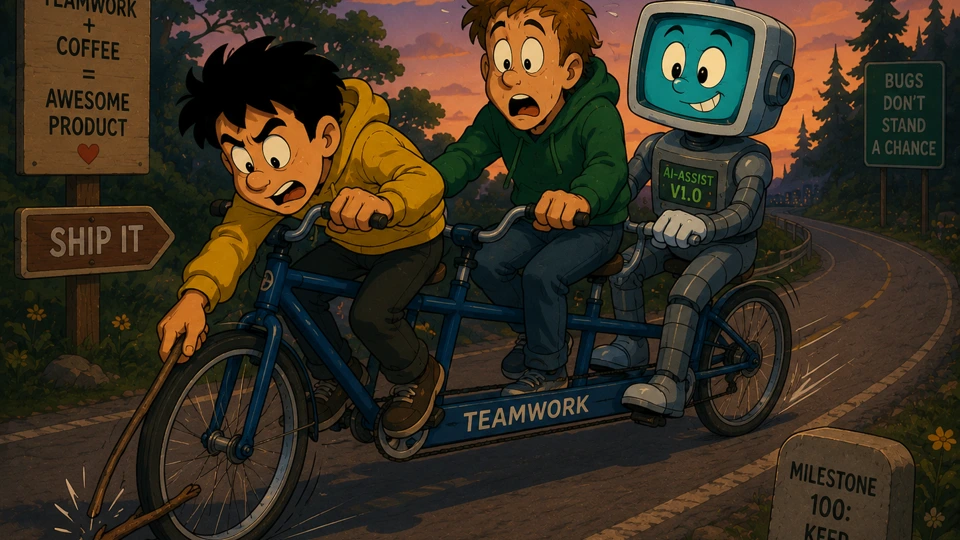 Two developers and an AI-Assist robot riding a tandem bicycle labeled "TEAMWORK" with a snapping front wheel, passing roadside signs that read "SHIP IT", "BUGS DON'T STAND A CHANCE", and "MILESTONE 100 — KEEP PEDALING"