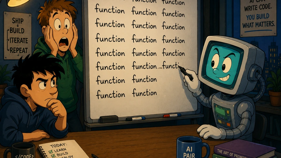Cartoon scene of two developers staring at a whiteboard filled with rows of "function" labels while an AI pair-programmer robot keeps adding more — a visual joke about copy-pasted functions multiplying without abstraction