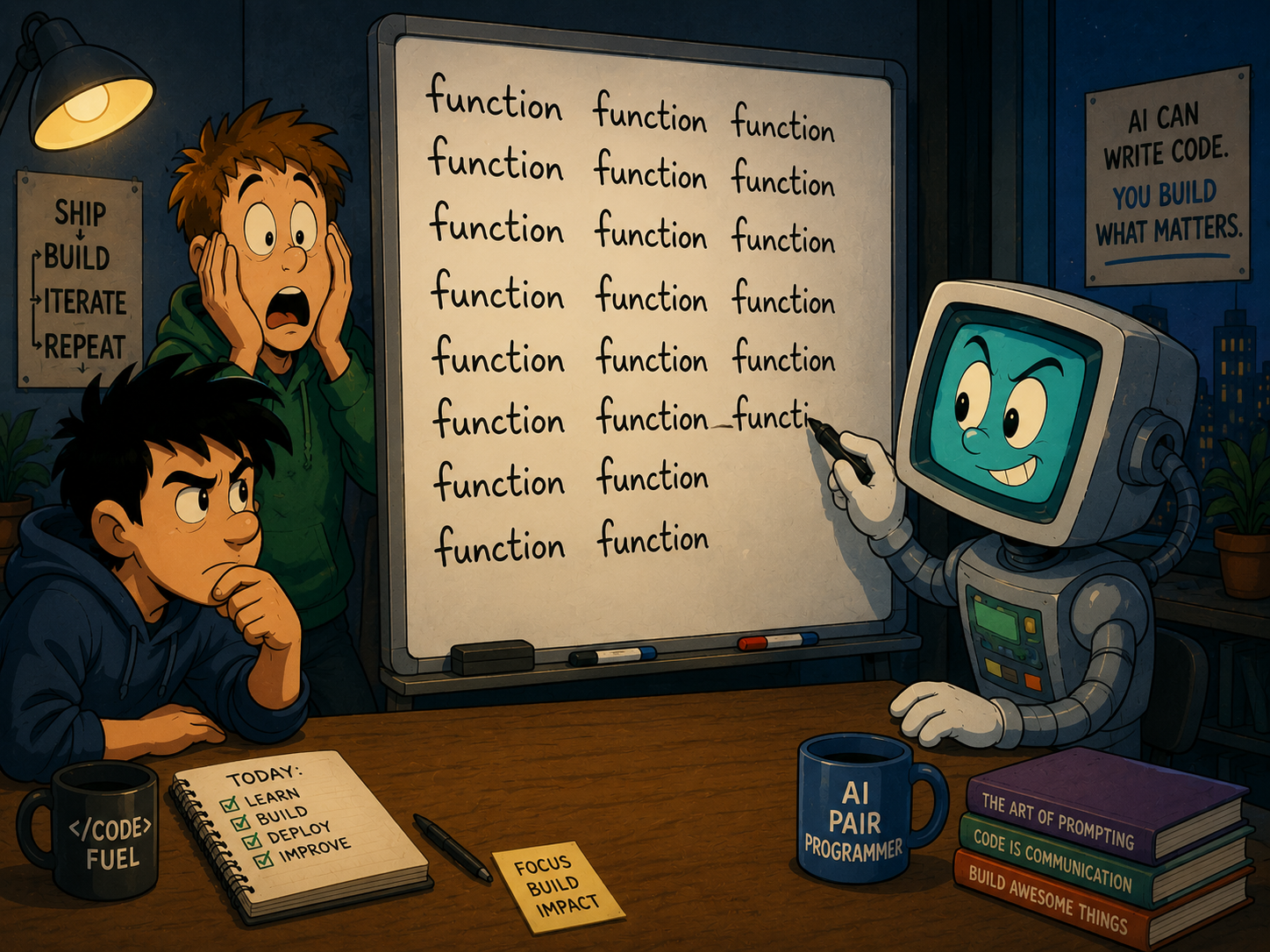 Cartoon scene of two developers staring at a whiteboard filled with rows of "function" labels while an AI pair-programmer robot keeps adding more — a visual joke about copy-pasted functions multiplying without abstraction